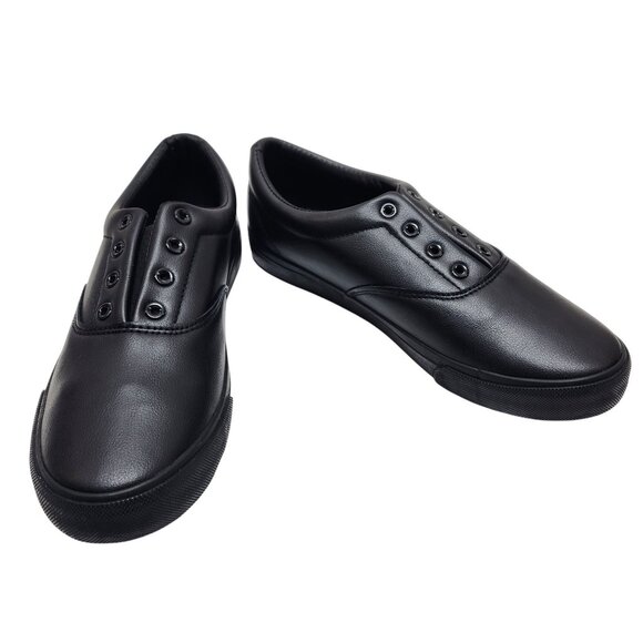 Black Faux Leather Slip-On Sneakers Size 10 US Men Slip Resistant - Picture 3 of 11